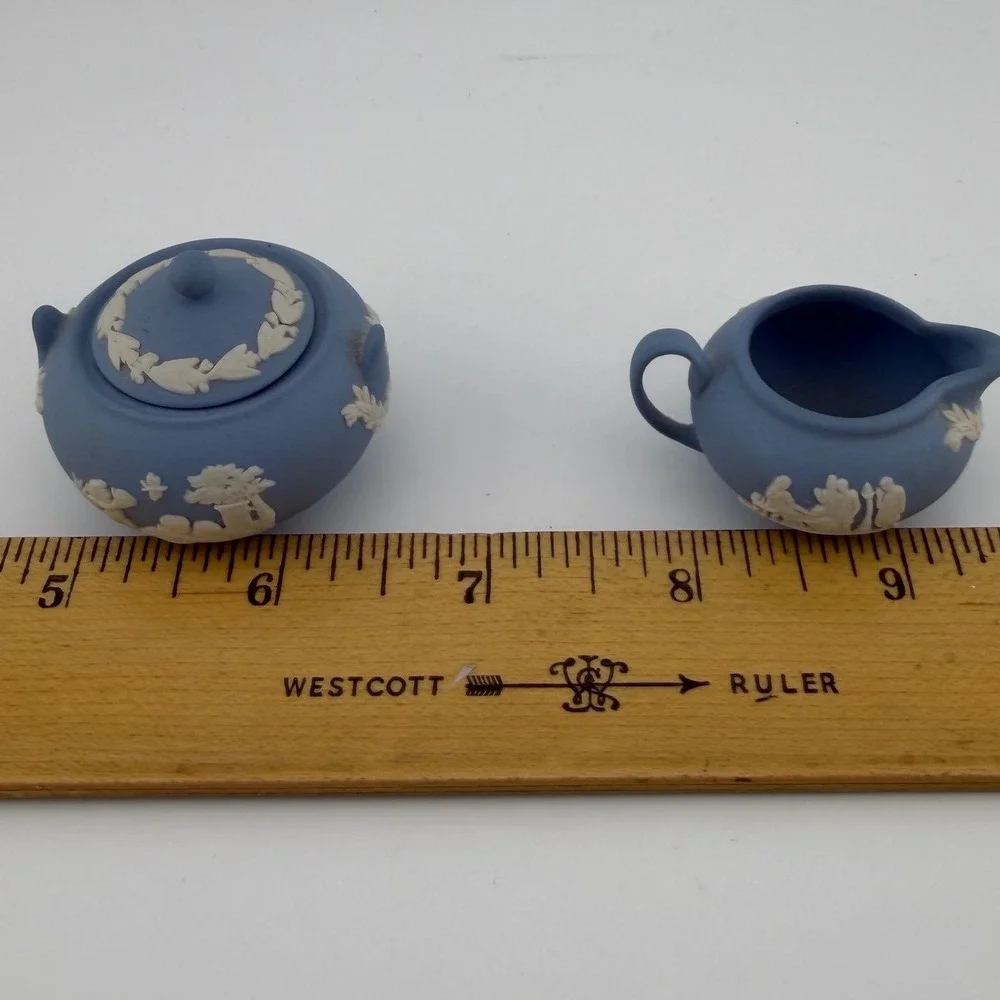 Wedgwood Jasperware Miniature Cream and Sugar Set Blue White Neoclassical Set